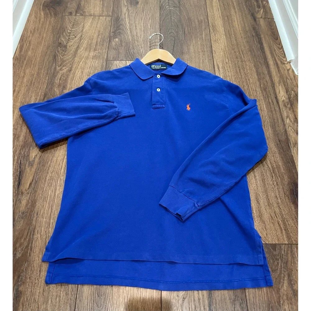 Polo Ralph Lauren Mens Long Sleeve Polo Shirt Blue Orange Pony Pique Knit L
